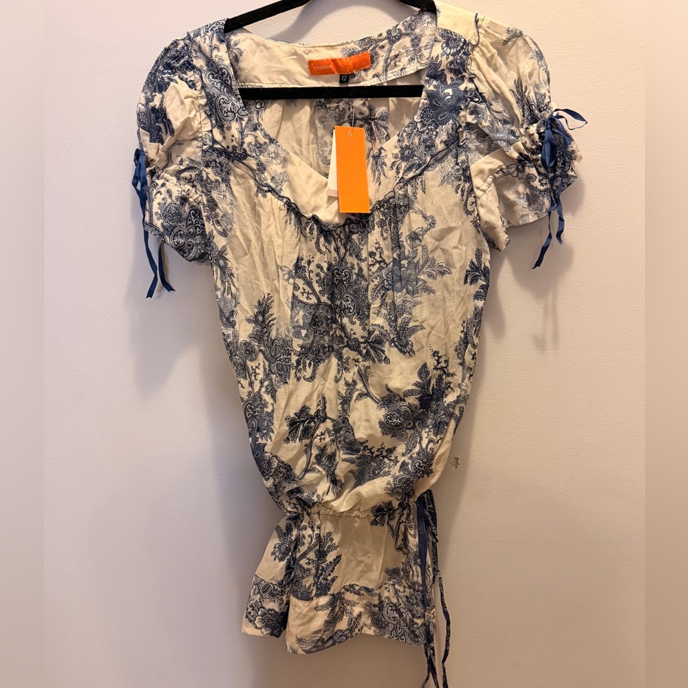 Cynthia Steffe Brand New Ivory and Blue Floral Cinched Shirt